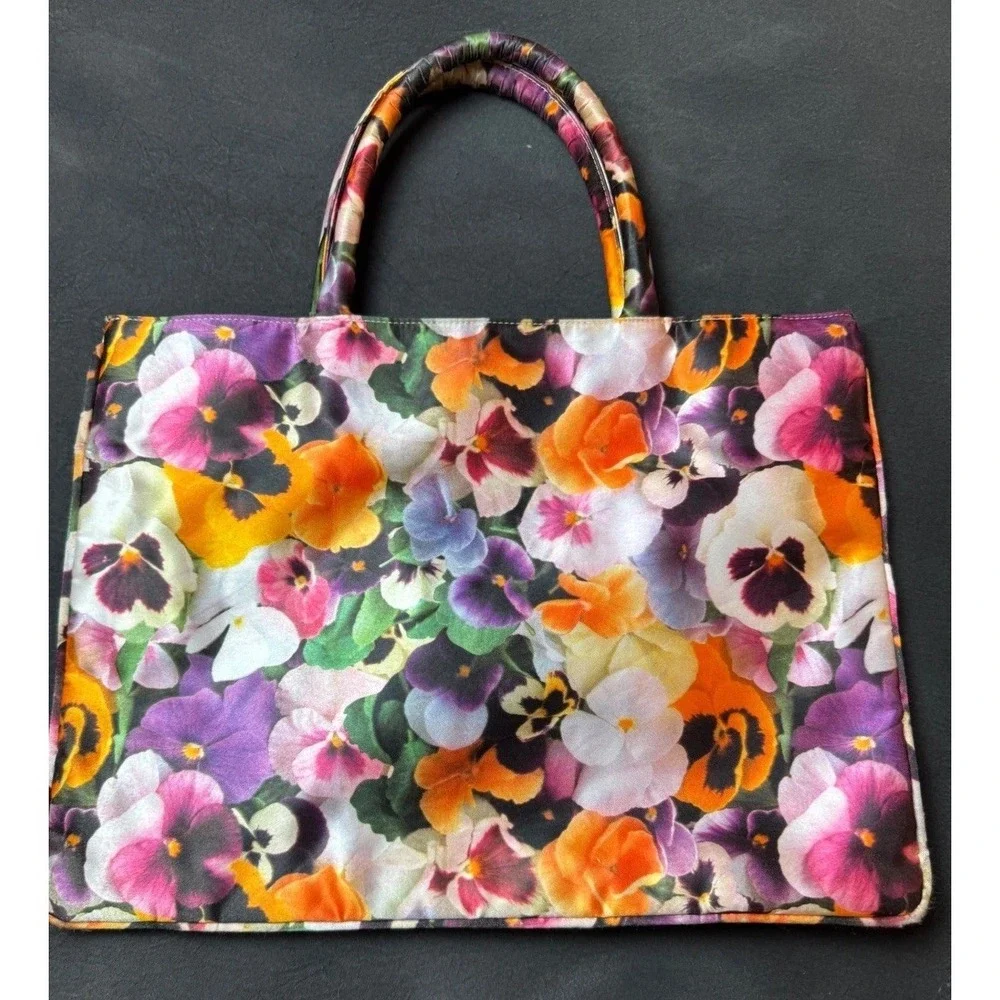 Maria Turgeon Floral Pansy Print Satin Tote Bag Multicolor Handbag Vintage Style
